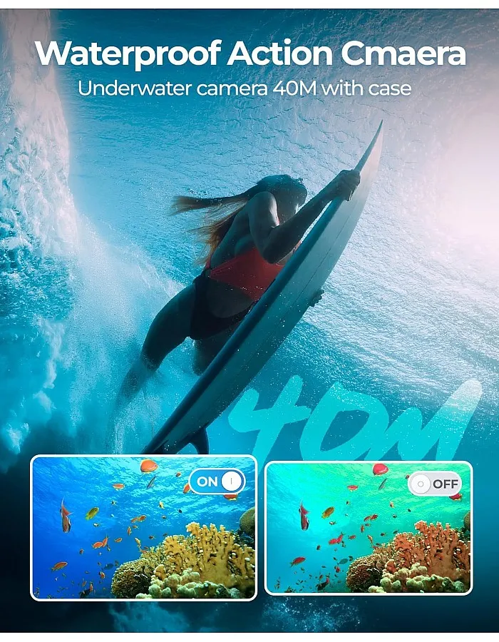 4K 60FPS Action Camara - Waterproof Camera with 64G SD Card 48MP HD WIFI Camera with EIS 40M Underwater Camera Wide Angle Sports Camera with 2*1350 mAh Batteries Helmet Mount Accessories Kits
