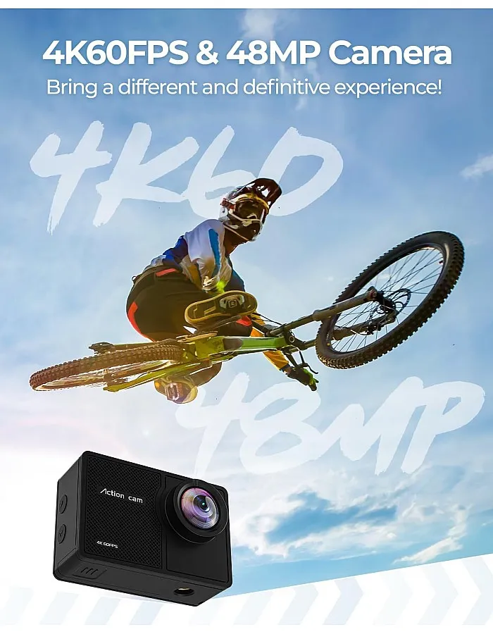 4K 60FPS Action Camara - Waterproof Camera with 64G SD Card 48MP HD WIFI Camera with EIS 40M Underwater Camera Wide Angle Sports Camera with 2*1350 mAh Batteries Helmet Mount Accessories Kits