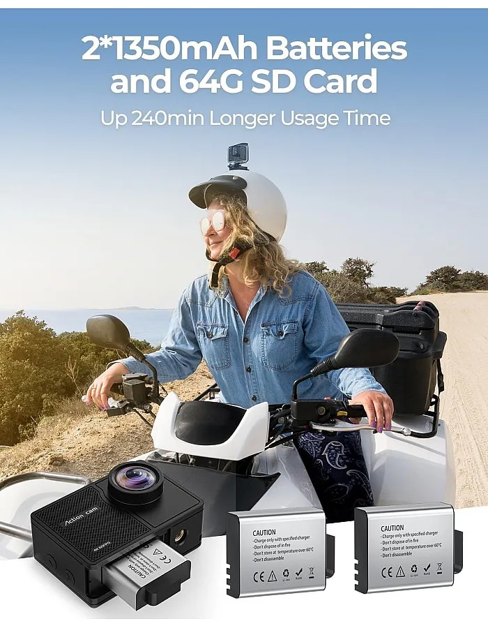 4K 60FPS Action Camara - Waterproof Camera with 64G SD Card 48MP HD WIFI Camera with EIS 40M Underwater Camera Wide Angle Sports Camera with 2*1350 mAh Batteries Helmet Mount Accessories Kits