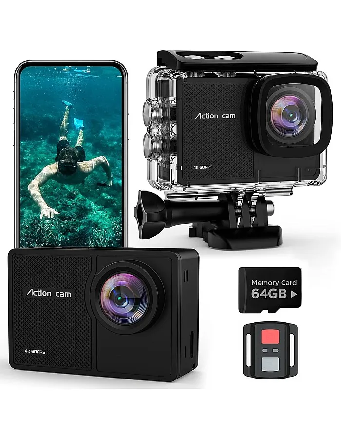 4K 60FPS Action Camara - Waterproof Camera with 64G SD Card 48MP HD WIFI Camera with EIS 40M Underwater Camera Wide Angle Sports Camera with 2*1350 mAh Batteries Helmet Mount Accessories Kits