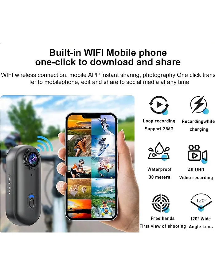 4K Wearable Mini Sports Camera with Magnetic Mount–Compact Action Camera-120-Minute Battery Life Wi-Fi, IPX7 Waterproof Encoding 360°Clip One-Tap Recording for Cycling,Motorbiking,Hiking,Vlogging (B)