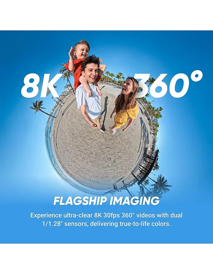كاميرا حركة انستا360 X5 مقاومة للماء بدقة 8 كيه زاوية 360 للتصوير في الاضاءة الخافتة تأثير عصا سيلفي غير مرئي وعدسات قابلة للتبديل، بطارية 3 س
