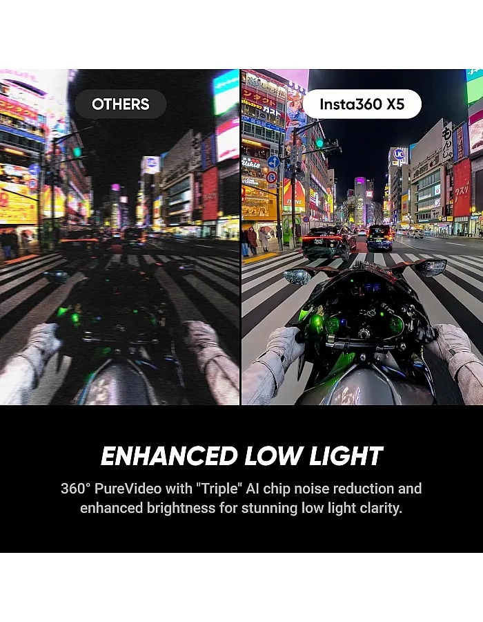 كاميرا حركة انستا360 X5 مقاومة للماء بدقة 8 كيه زاوية 360 للتصوير في الاضاءة الخافتة تأثير عصا سيلفي غير مرئي وعدسات قابلة للتبديل، بطارية 3 س
