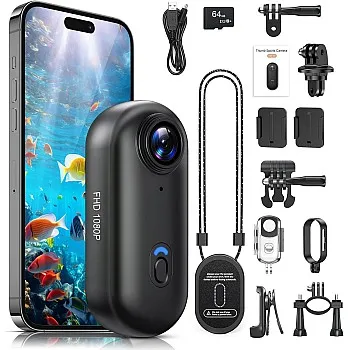 Poat Action Camera, Mini Pov Camera for vlogging, IPX7 Waterproof, Body Camera with 120° Wide Angle, POV Recording for Diving, 10+ Accessories – Helmet Cam for Motorcycle, Cycling (64G-Card)