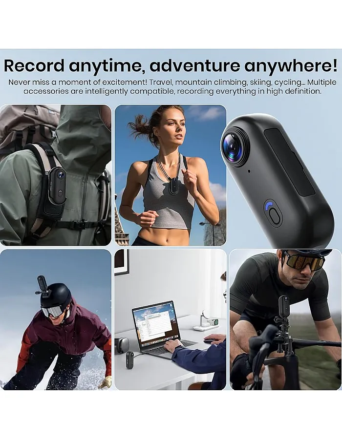 Poat Action Camera, Mini Pov Camera for vlogging, IPX7 Waterproof, Body Camera with 120° Wide Angle, POV Recording for Diving, 10+ Accessories – Helmet Cam for Motorcycle, Cycling (64G-Card)
