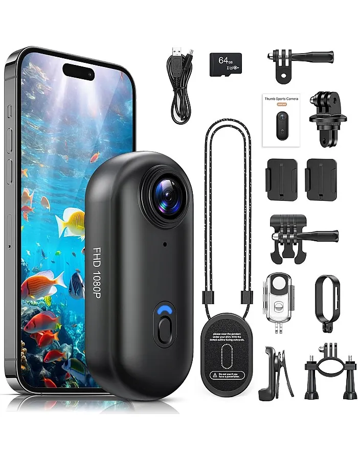 Poat Action Camera, Mini Pov Camera for vlogging, IPX7 Waterproof, Body Camera with 120° Wide Angle, POV Recording for Diving, 10+ Accessories – Helmet Cam for Motorcycle, Cycling (64G-Card)