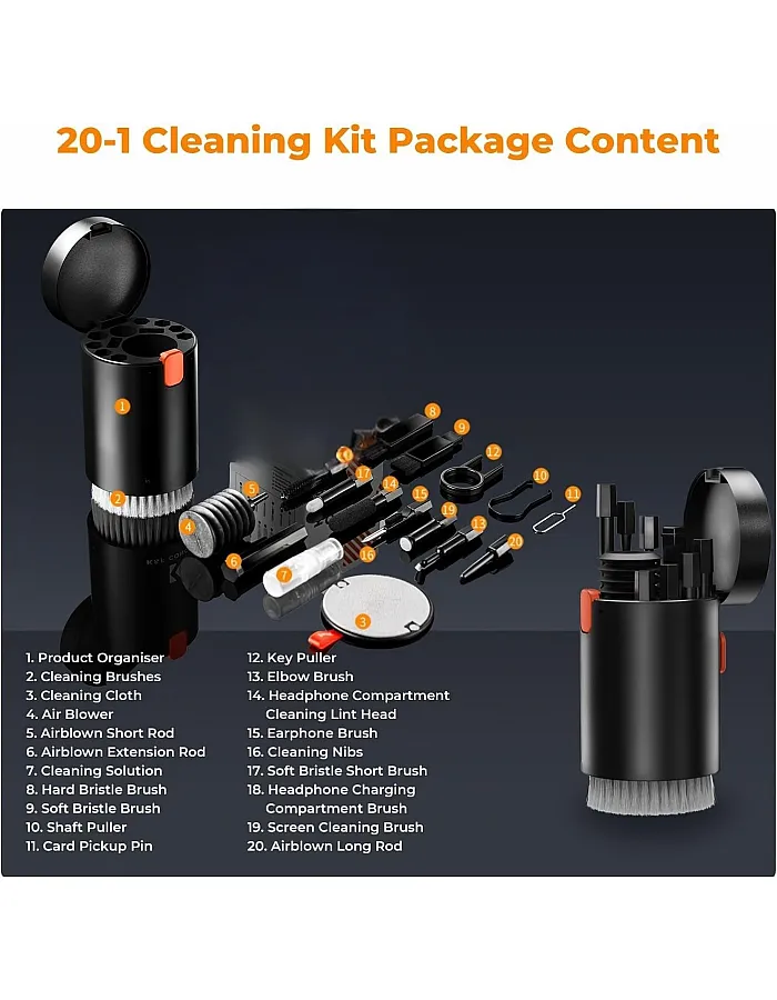 20 in 1 Multifunctional Cleaner Kit for Electronic Devices, Keyboard Cleaning Brush, Headphones Cleaner Kit for AirPods, Multi-Tool for Cleaning Laptop, Keyboard, Earbuds, Camera, Cellphones (Black)
