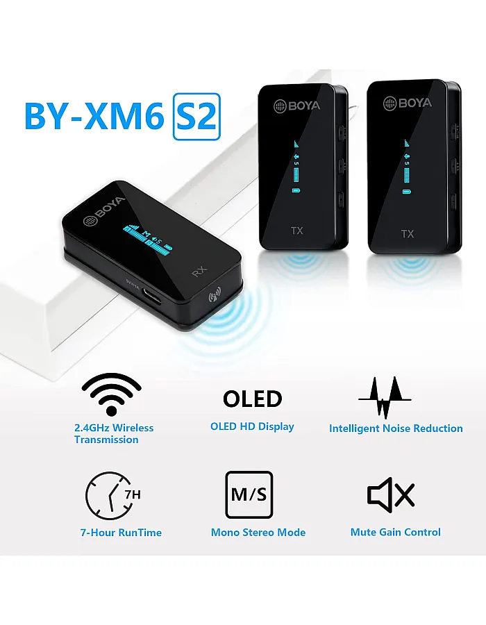 BOYA 2.4GHz Wireless Lavalier Microphone System for Camera Phone DSLR Camcorder Dual Channel Cordless BY-XM6-S2 (2 Transmitters & 1 Receiver)