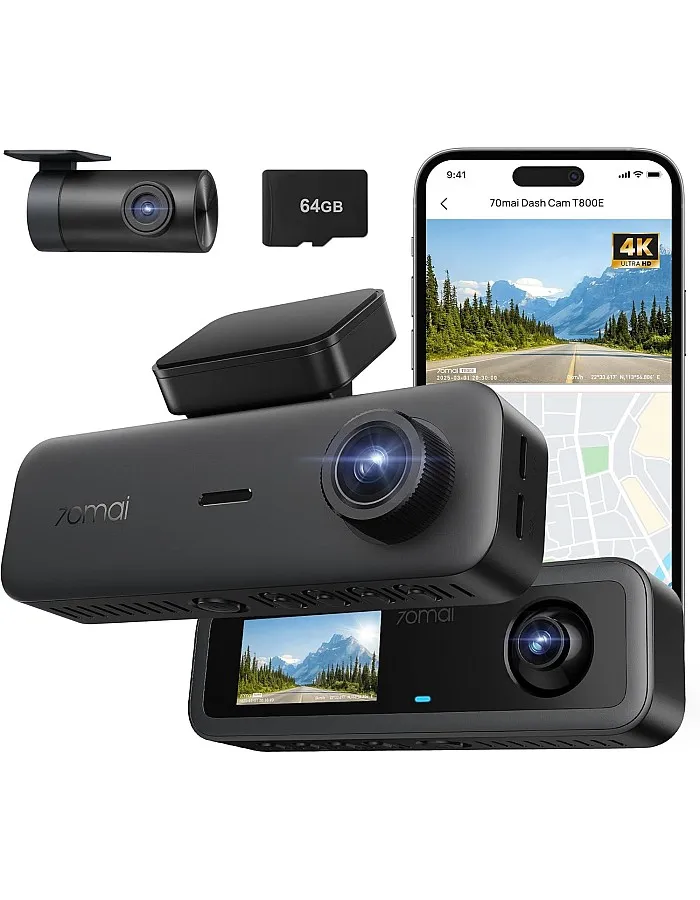 70mai T800E 3 Channel Dash Cam Front Rear + Inside, 4K+1080P+1080P Car Dash Camera with Free 64GB, GPS, Wi-Fi 6, Voice Control, 24/7 Parking, Night Vision, Loop Recording, Supercapacitor Support 512GB