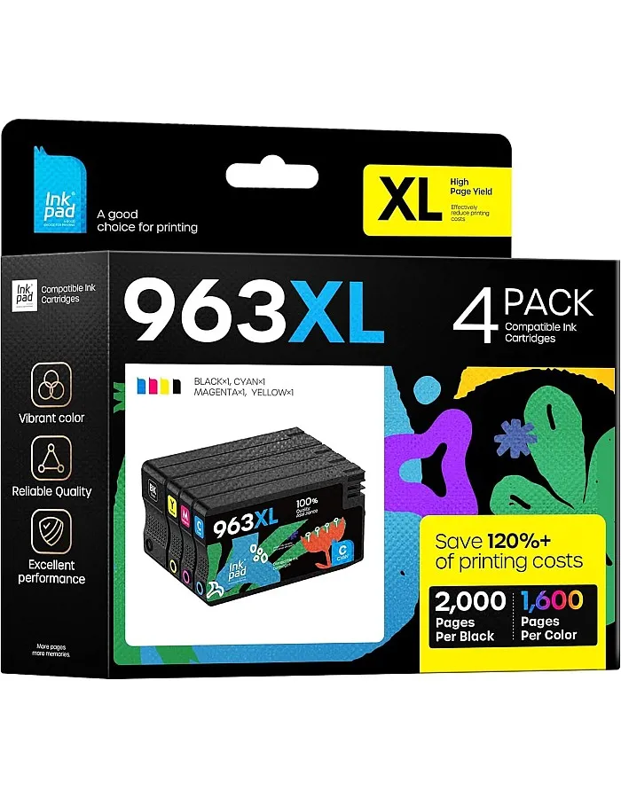 إنك باد خراطيش متعددة 963XL لطابعة اتش بي 963 963 XL واتش بي اوفيس جيت برو 9010 9012 9013 9014 9015 9016 9018 9019 9020 9022 9023 9025 9026 9026 9000 28 (أسود/ازرق سيان/ارجواني ماجن