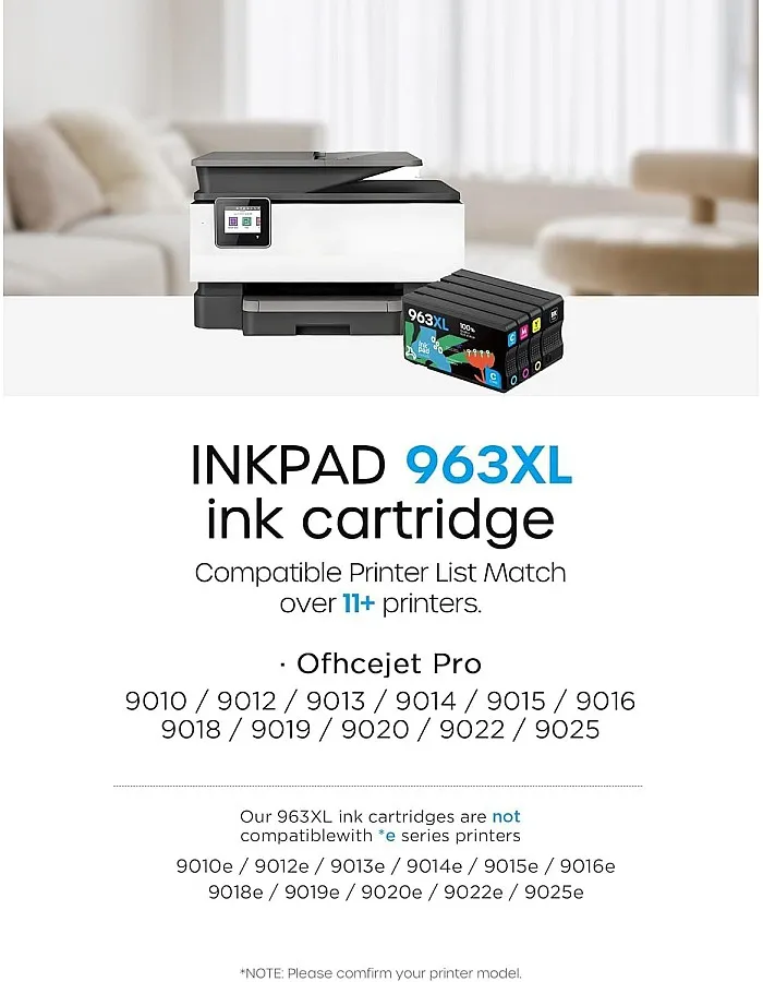 إنك باد خراطيش متعددة 963XL لطابعة اتش بي 963 963 XL واتش بي اوفيس جيت برو 9010 9012 9013 9014 9015 9016 9018 9019 9020 9022 9023 9025 9026 9026 9000 28 (أسود/ازرق سيان/ارجواني ماجن