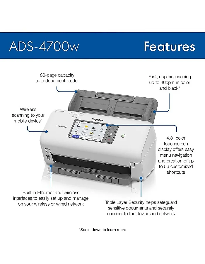 ماسح ضوئي احترافي لسطح المكتب من بروذر موديل ADS-4700W مع سرعات مسح سريع، دوبلكس، لاسلكي، مع شاشة لمس كبيرة