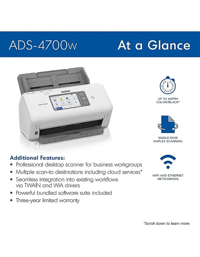 ماسح ضوئي احترافي لسطح المكتب من بروذر موديل ADS-4700W مع سرعات مسح سريع، دوبلكس، لاسلكي، مع شاشة لمس كبيرة