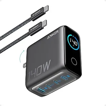 شاحن من أنكر بمنفذ USB متوافق مع أجهزة آي أو إس بـ 4 منافذ بقوة 140 واط مع شحن سريع و تحكم باللمس و تقنية GaN