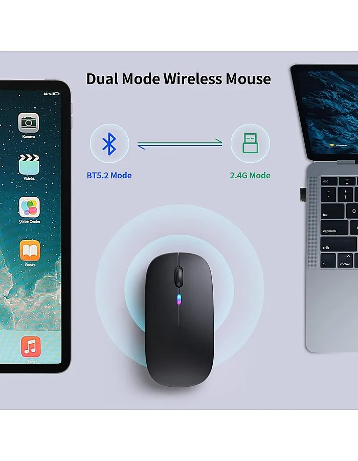 KANMABPC Wireless Bluetooth Mouse, Rechargeable LED Dual Mode Mouse (Bluetooth 5.2 and USB Receiver) Portable Silent Mouse,for Laptop/Desktop/Tablet(Black)