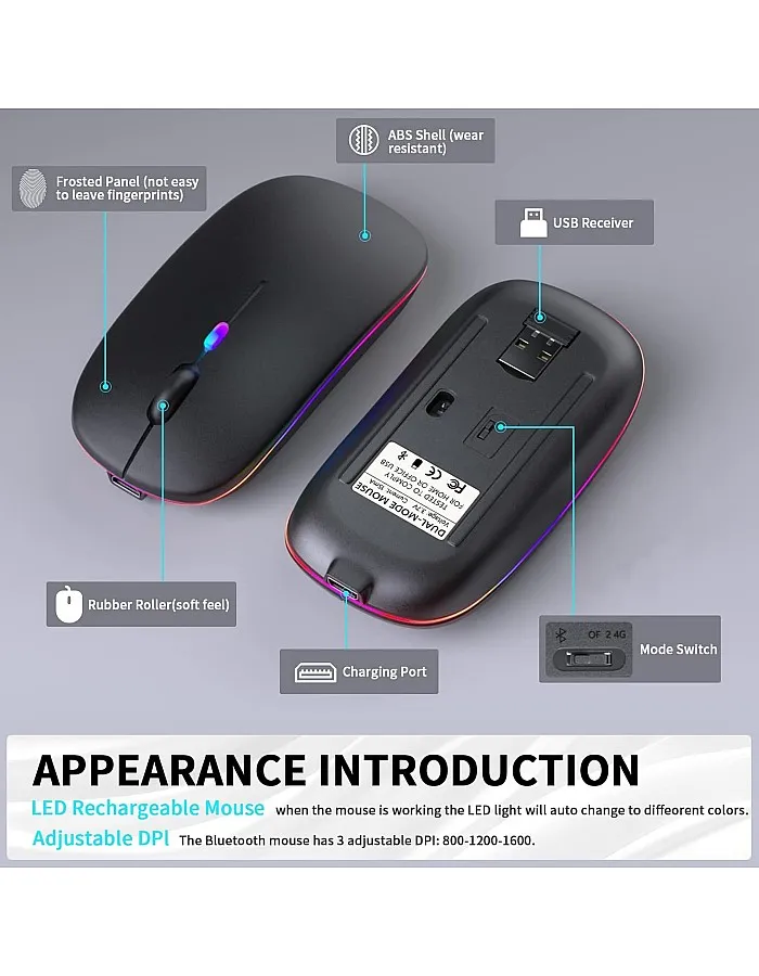 KANMABPC Wireless Bluetooth Mouse, Rechargeable LED Dual Mode Mouse (Bluetooth 5.2 and USB Receiver) Portable Silent Mouse,for Laptop/Desktop/Tablet(Black)