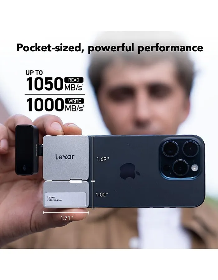 Lexar 1TB Professional Go Portable SSD w/Hub, Supports Apple ProRes, Up to 1050MB/s Read & 1000MB/s Write, USB 3.2 Gen 2, Rugged, Compatible with iPhone 15 Series, PC & Mac (LSL400S001T-RNSNU)