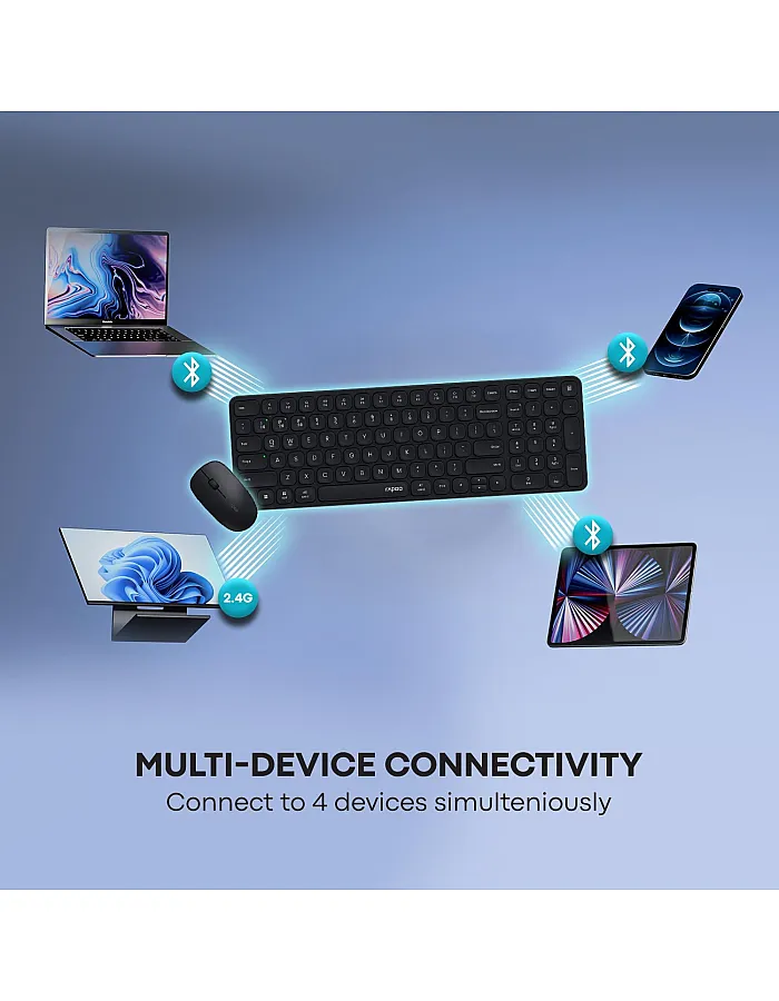 Rapoo 9320M Bluetooth 4.0, 5.0 + 2.4G Wireless Multi-Mode Keyboard Mouse Combo, Aluminum Base, 2400 DPI, 10M Range, Compact Dark Grey