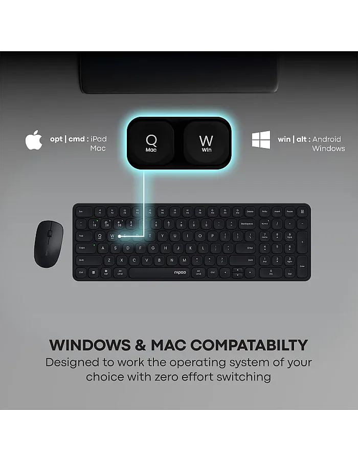 Rapoo 9320M Bluetooth 4.0, 5.0 + 2.4G Wireless Multi-Mode Keyboard Mouse Combo, Aluminum Base, 2400 DPI, 10M Range, Compact Dark Grey