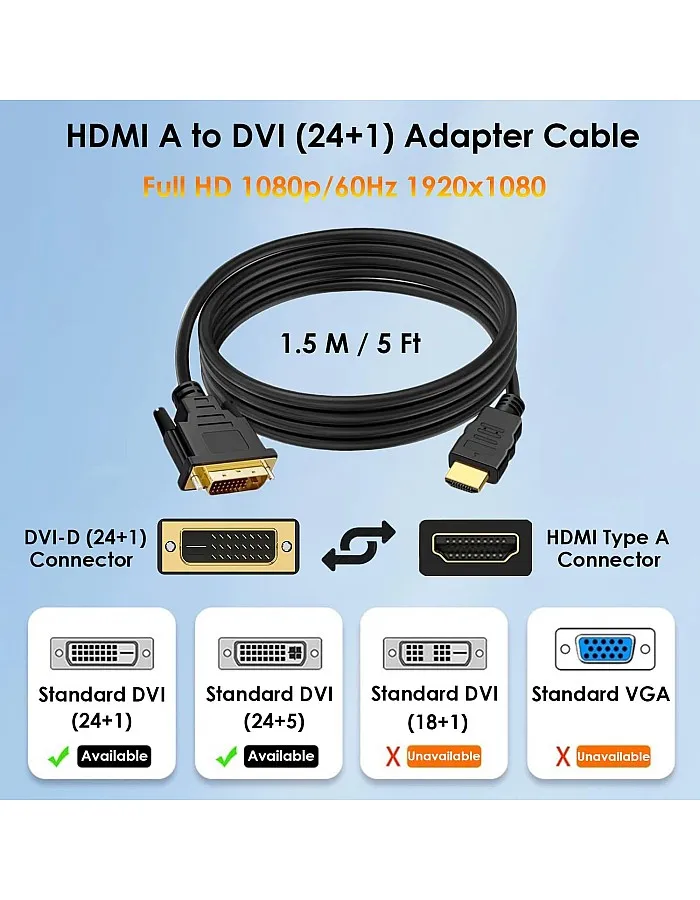 Mepsies HDMI to DVI Adapter Cable 1.5m, HDMI A to DVI-D (24+1) Bi-Directional 1080P Full HD Cable Compatible with PC, Raspberry Pi, TV Box, Monitor, Projector, Xbox, PS3/4/5 and More