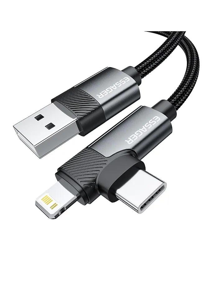 ESSAGER USB-A to USB-C + iPhone-Compatible Port Dual Connector Cable (3A Fast Charging) – Durable Nylon Braided – for iPhone, iPad, Samsung, Huawei & More (1 Meter)
