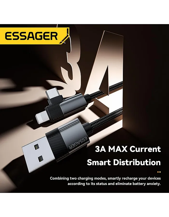 ESSAGER USB-A to USB-C + iPhone-Compatible Port Dual Connector Cable (3A Fast Charging) – Durable Nylon Braided – for iPhone, iPad, Samsung, Huawei & More (1 Meter)