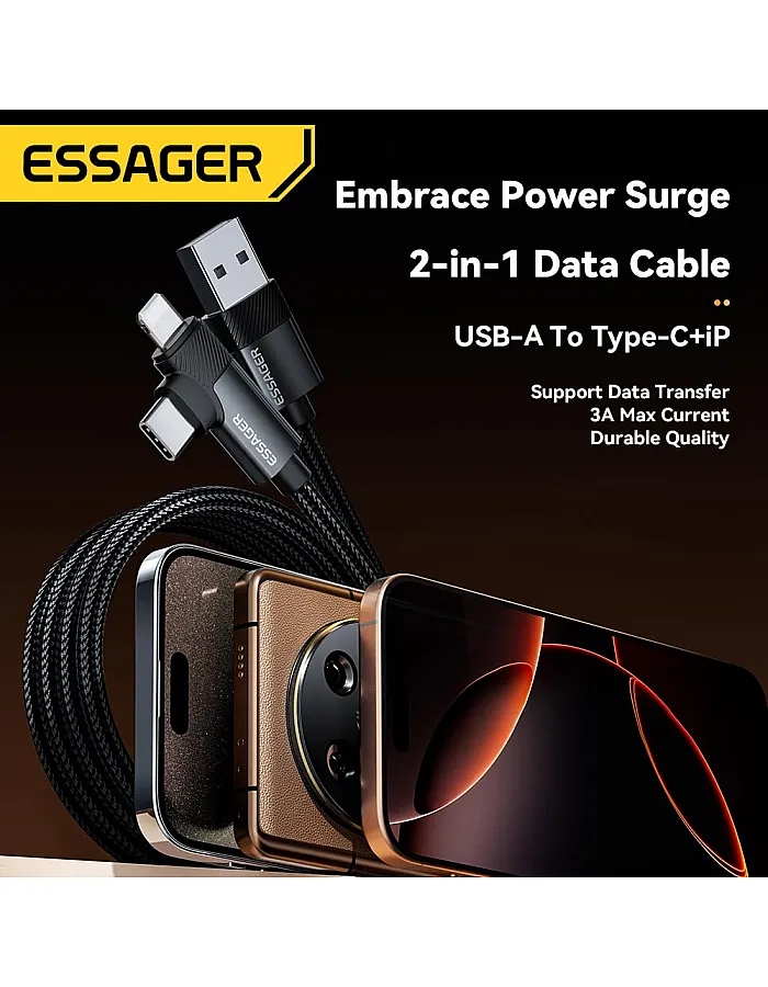 ESSAGER USB-A to USB-C + iPhone-Compatible Port Dual Connector Cable (3A Fast Charging) – Durable Nylon Braided – for iPhone, iPad, Samsung, Huawei & More (1 Meter)