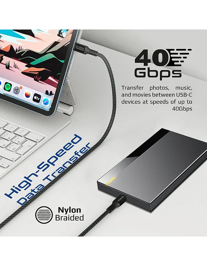 كيبل USB-C من بروميت فائق السرعة 240 واط لتوصيل الطاقة ثاندربولت 3 مع دعم شاشة 8K، مضفر ومغطى بالنايلون 100 سم وسرعة نقل 40 جيجابت في الثانية لجمي