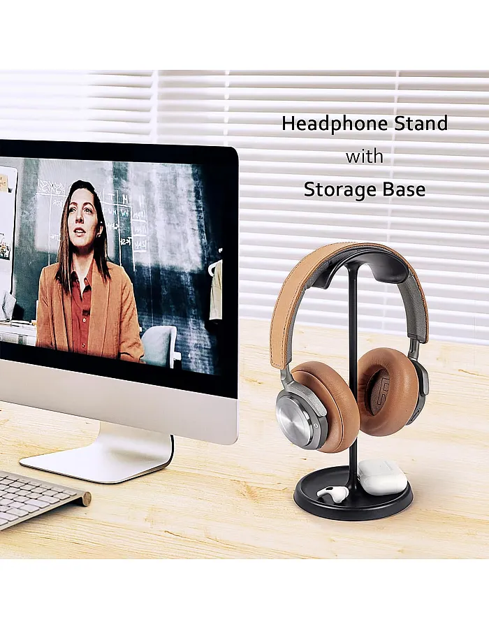 Headphone Stand, Curved Headset Stand with Storage Tray, Heavy Base Gaming Headset Holder for AirPods Max, AirPods, AirPods Pro, Beats, Bose, Sony and More (Black)