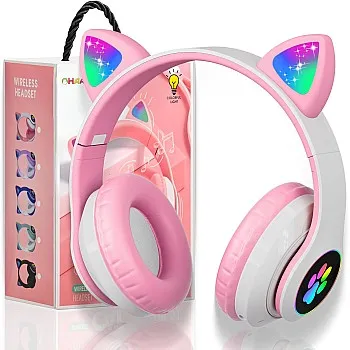 OHAANYY Bluetooth Headphones for Children, Foldable Cat Headphones with LED Flash Lights Glow Lights, Kids Bluetooth 5.0 with Microphone and Volume Control, Card Slot for PC/Tablets/TV (Pink)