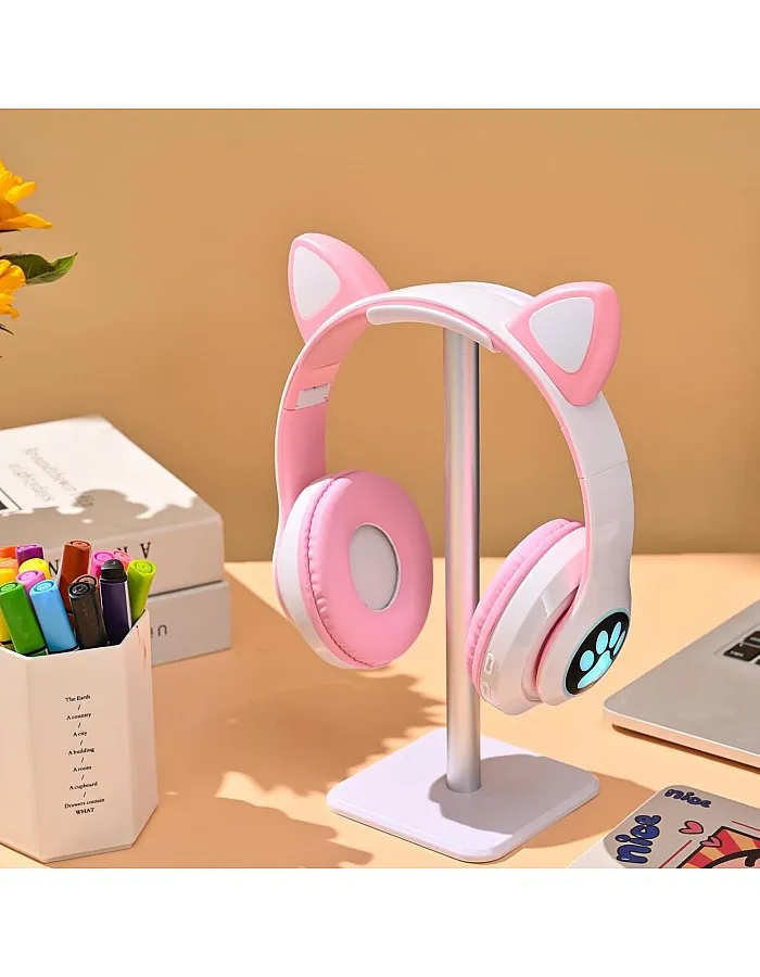 OHAANYY Bluetooth Headphones for Children, Foldable Cat Headphones with LED Flash Lights Glow Lights, Kids Bluetooth 5.0 with Microphone and Volume Control, Card Slot for PC/Tablets/TV (Pink)