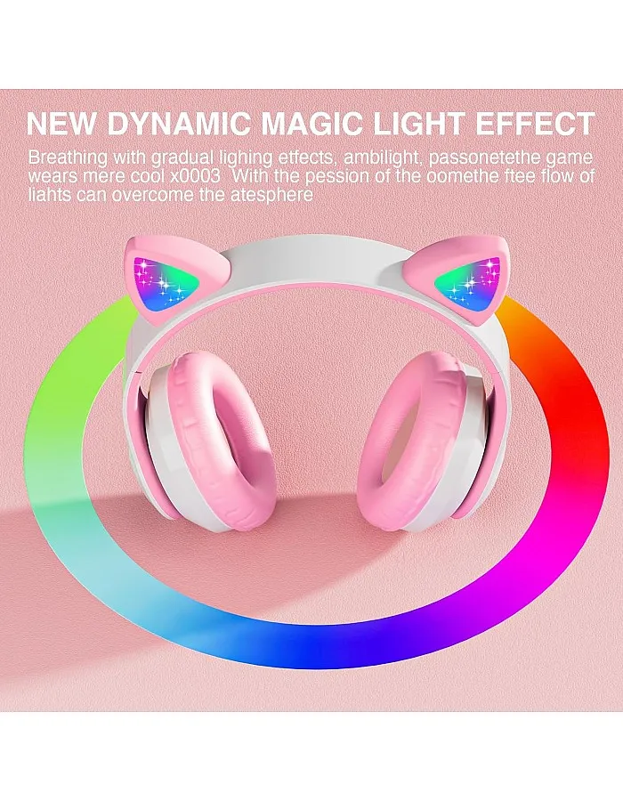 OHAANYY Bluetooth Headphones for Children, Foldable Cat Headphones with LED Flash Lights Glow Lights, Kids Bluetooth 5.0 with Microphone and Volume Control, Card Slot for PC/Tablets/TV (Pink)