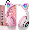 OHAANYY Bluetooth Headphones for Children, Foldable Cat Headphones with LED Flash Lights Glow Lights, Kids Bluetooth 5.0 with Microphone and Volume Control, Card Slot for PC/Tablets/TV (Pink)