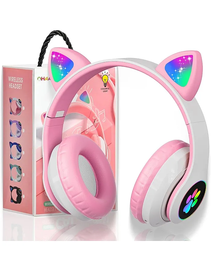 OHAANYY Bluetooth Headphones for Children, Foldable Cat Headphones with LED Flash Lights Glow Lights, Kids Bluetooth 5.0 with Microphone and Volume Control, Card Slot for PC/Tablets/TV (Pink)