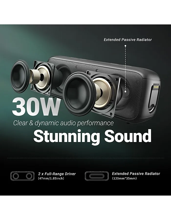 BOGASING G6 Bluetooth Speaker, Portable Wireless Speakers with 30W Stereo Sound, 35H Playtime, IPX6 Waterproof, Bluetooth 5.3, Built-in Mic, EQ, TF-Card, AUX, USB for Outdoor Party (Black)