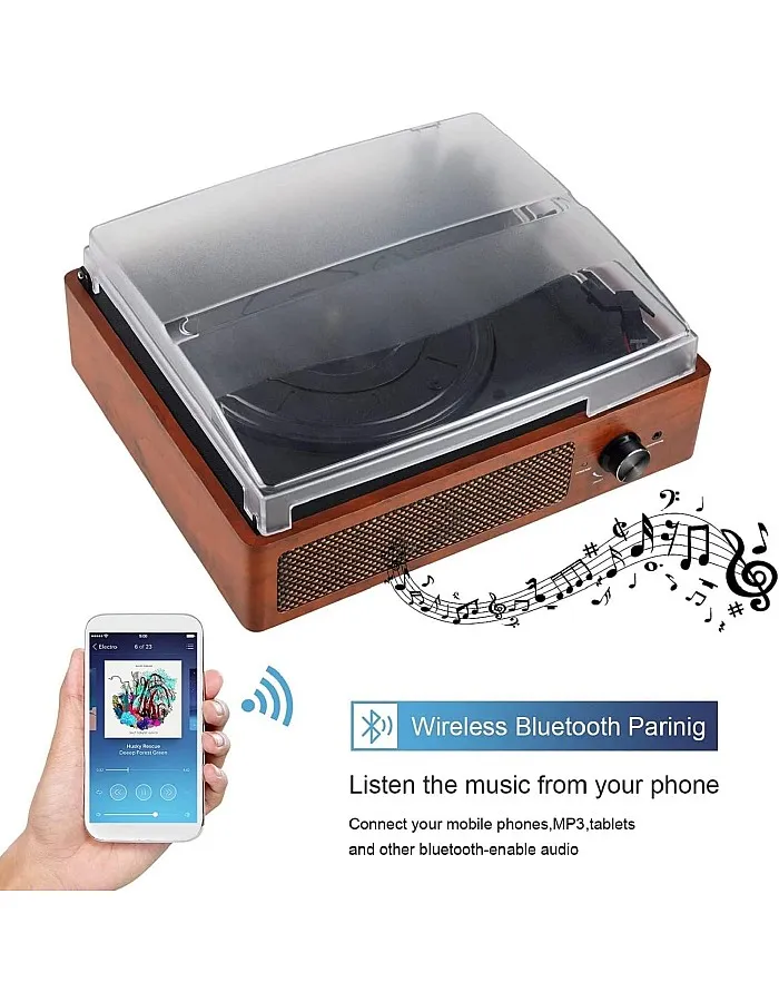 Mersoco 3-Speed Bluetooth Turntable, Vintage Vinyl Turntable, Built-in Stereo Speakers, with Headphone Jack/Auxiliary Input/RCA Line Out, Wood