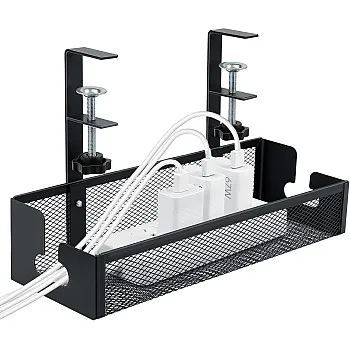 Under Desk Cable Management Tray Black, Wire Organizers No Drill, Cord Organization Box for Office, Home - No Damage to Desk