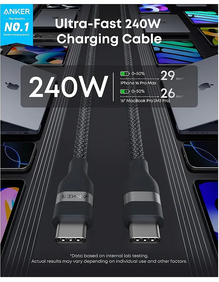 Anker USB-C to USB-C Cable (240W, Upcycled-Braided), USB 2.0 Charging Cable for iPhone 15/15Pro/15ProMax,MacBook Pro, iPad Pro, iPad Air 4, Samsung Galaxy S23, and More (Black) 18 Months Warranty