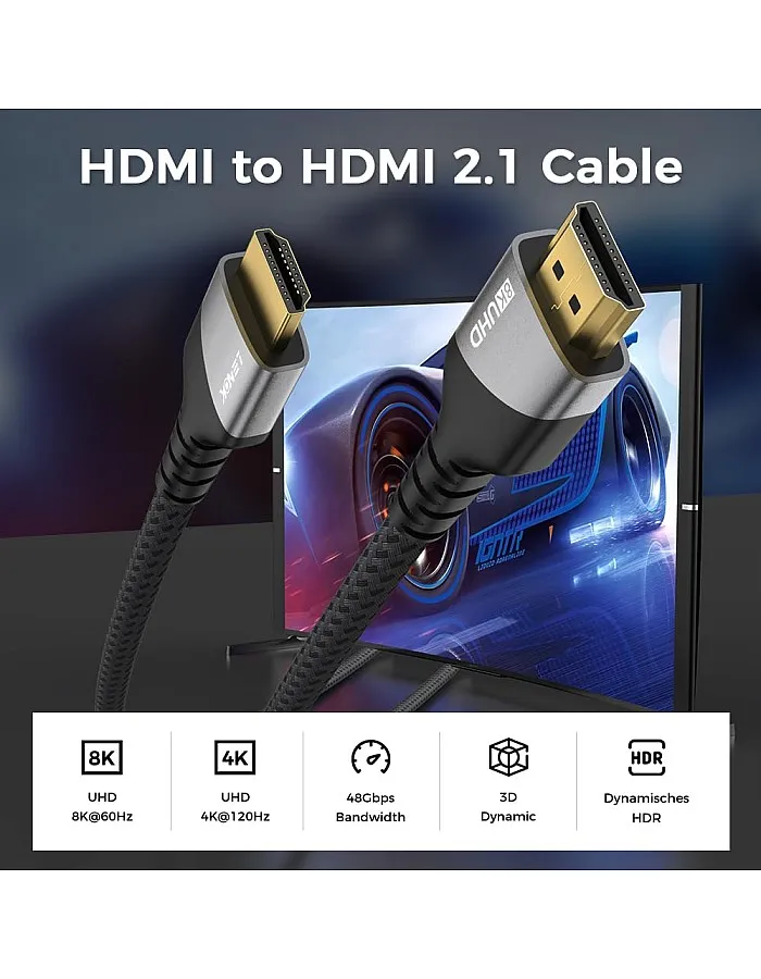 LENOK 8K HDMI Cable 2.1, 48Gbps Ultra High Speed HDMI Cable Braided Cord (4K@144Hz, 4K@120Hz, 8K@60Hz) HDCP 2.2&2.3 HDR 10 eARC ARC, Compatible with Switch 2/PS5/Laptop/Monitor/HDTV/- (2 M)