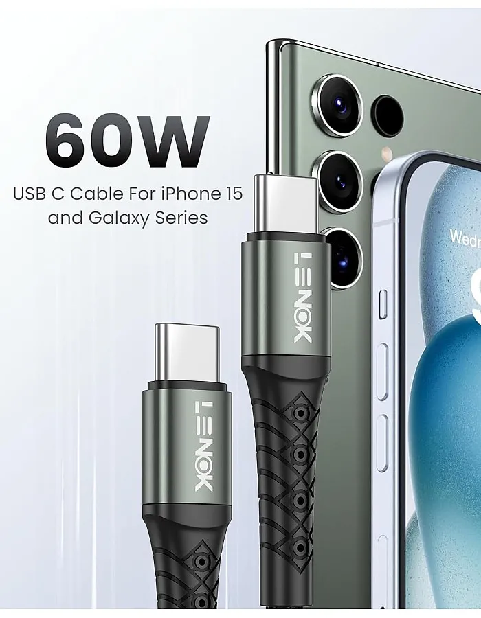 كابل شاحن USB C 60 واط نوع C إلى نوع C PD 3.0 (6.5 قدم/2 متر) من لينوك، متوافق مع ايفون 15/15 برو/سامسونج جالاكسي S23/22/Z فولد/Z فليب/جوجل بيكسل 7/ماك بوك اير