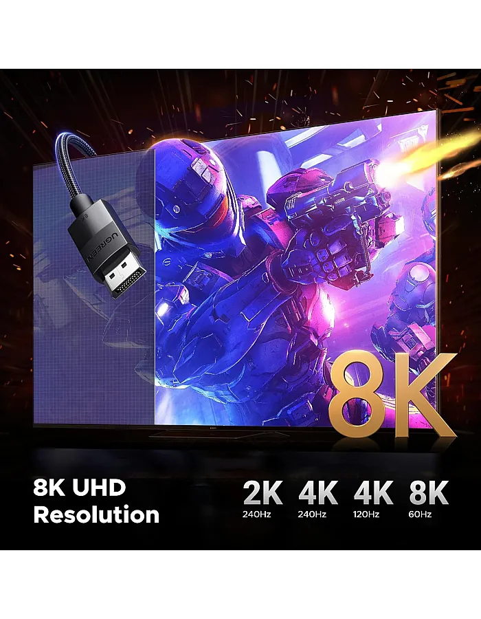 كابل منفذ عرض 8K 1.4، DP إلى DP 2 م من يوجرين، 8K@60Hz/4K@165Hz/2K@240Hz/1080P@240Hz، لشاشة الألعاب/ بطاقة الرسومات/ الكمبيوتر، يدعم 3D/HDCP/HDR/G-SYNC/ فري سينك، كابل مض