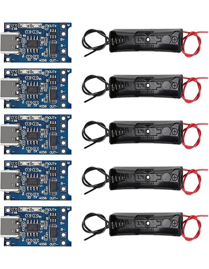 5pcs TP4056 Type-C USB 5V 1A 18650 Lithium Battery Charger Module with Dual Protection Function + 5pcs 18650 Battery Holder