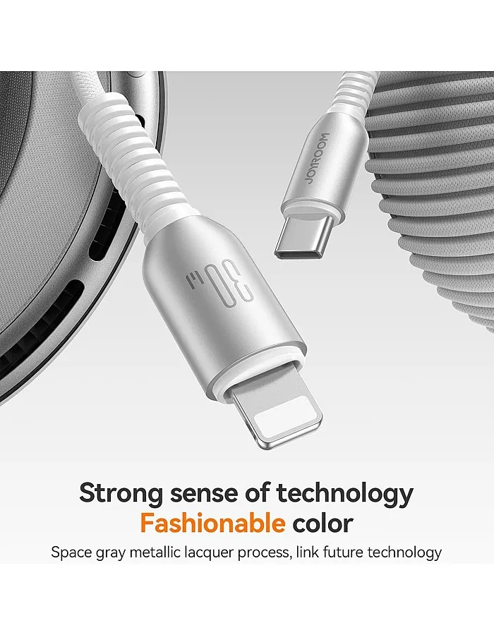 Joyroom S-A51 Cutting-Edge 30W USB-C to Lightning Fast Charging Cable; High-Speed 480Mbps Data Sync Lead with Premium Tinned Copper Core; Durable 1.2m Aesthetic Charging Cable for iPhone – Light Gray.
