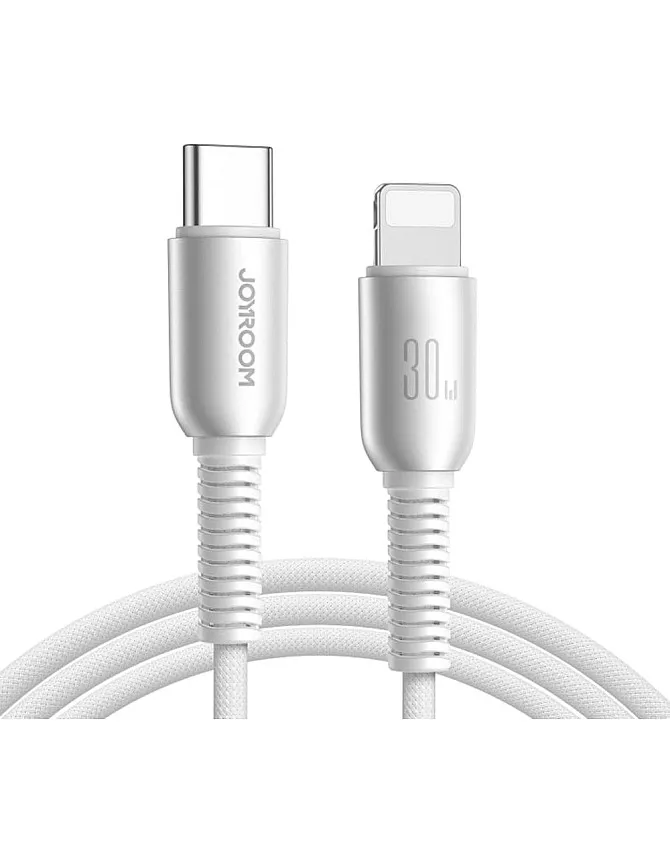 Joyroom S-A51 Cutting-Edge 30W USB-C to Lightning Fast Charging Cable; High-Speed 480Mbps Data Sync Lead with Premium Tinned Copper Core; Durable 1.2m Aesthetic Charging Cable for iPhone – Light Gray.