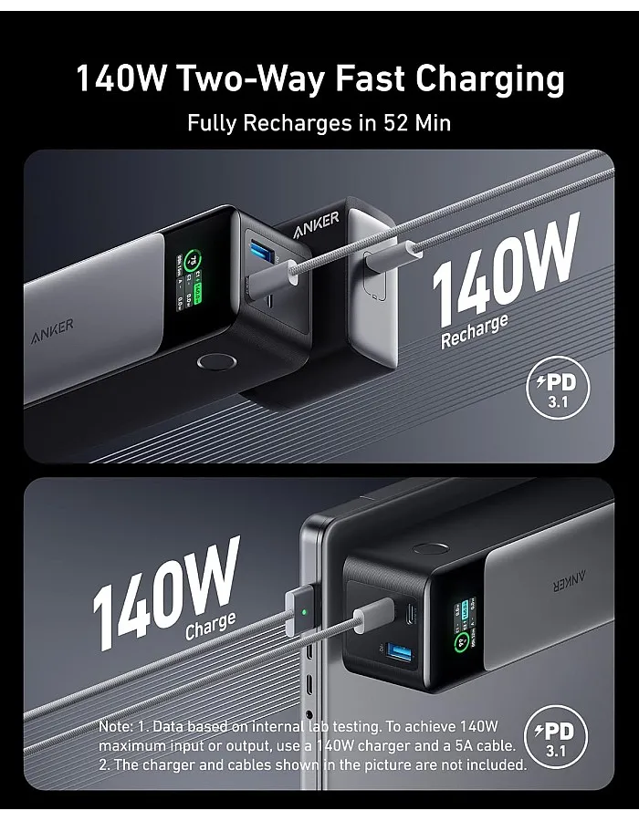 Anker 737 Power Bank (PowerCore 24K), 24,000mAh 3-Port Portable Charger with 140W Output, Smart Digital Display, Compatible with iPhone 13 Series, Samsung, MacBook, Dell, AirPods, and More