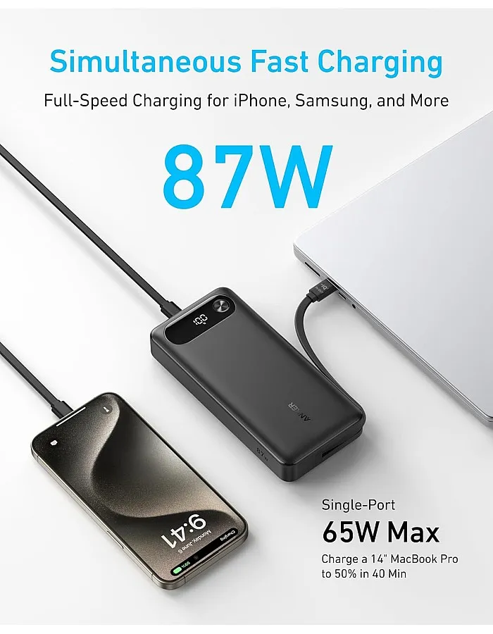 Anker Power Bank, 20,000mAh Portable Charger with Built-in USB-C Cable, 87W Max Fast Charging Battery, for iPhone 16/15/14 Series, Samsung, Switch, and More, 18 Months Warranty - Black