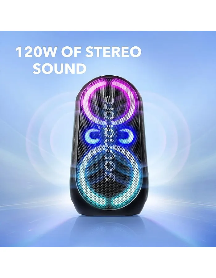 Anker Soundcore Rave Party 2 Portable Speaker, 120W Stereo, PartyCast 2.0, Light Show, IPX4 Water-Resistant, 16H Playtime, EQ & Bass Up for Party, Tailgating, Backyard, Black, 18 Months Warranty