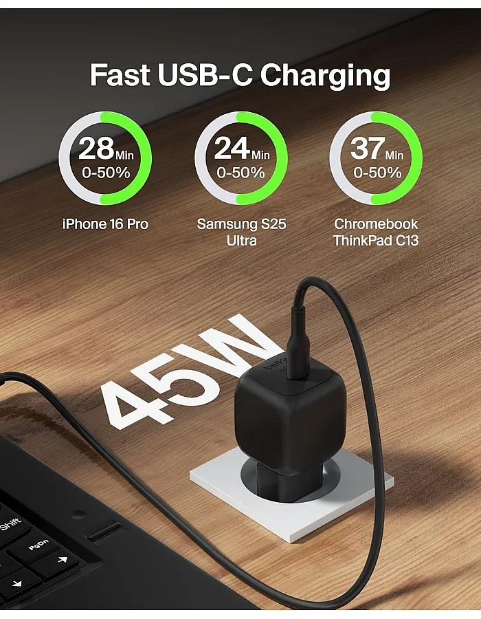 Belkin Compact USB Charger (45W) USB-C Power Delivery Fast Charging for Apple iPhone 16, 16 Plus, 16 Pro, 16 Pro Max, iPhone 15 Series, Samsung Galaxy S25, iPad, AirPods etc. - Black
