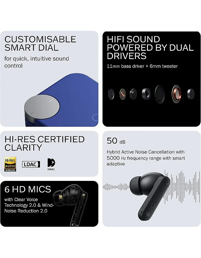 CMF Buds Pro 2 Wireless Earbuds with Smart Dial, 50dB Hybrid Noise Cancelling Earbuds Wireless Bluetooth 5.3, 11mm Bass with LDAC, 6 Hi-Res Audio Mics, 43H Playtime, Fast Charging Case, Blue