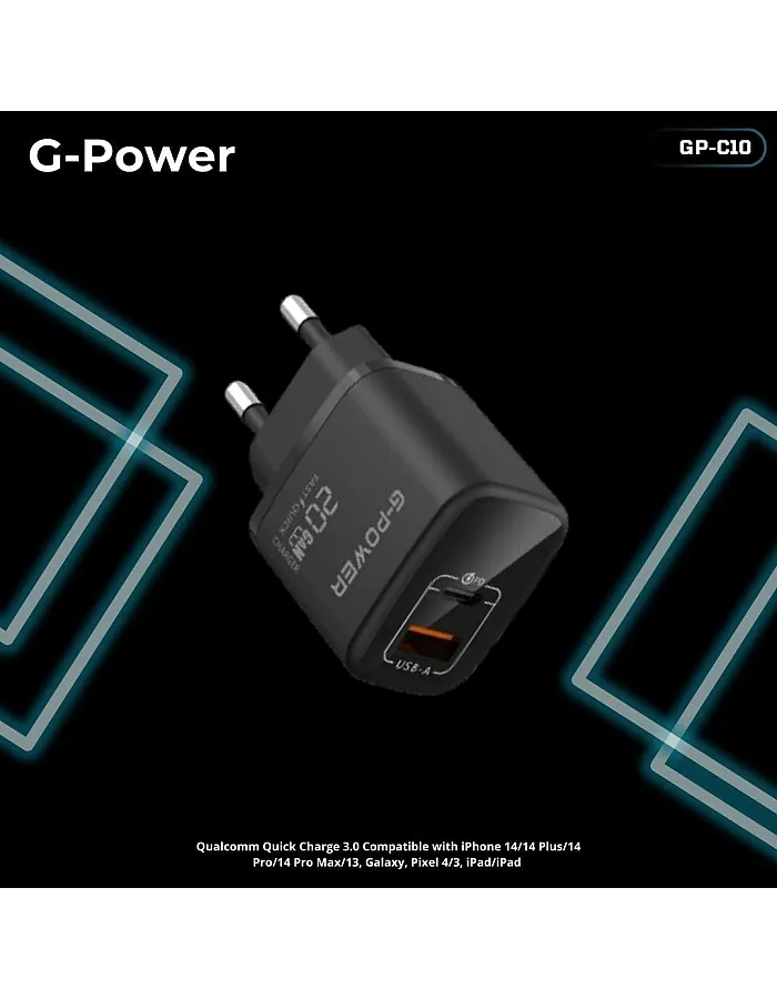 G-Power GP-C10 20W Dual USB Charger (USB-A and Usb-C) Qualcomm Quick Charge 3.0 Compatible with iPhone 16/14/14 Plus/14 Pro/14 Pro Max/13, Samsung, Xiaomi, Pixel 4/3, iPad/iPad - Black